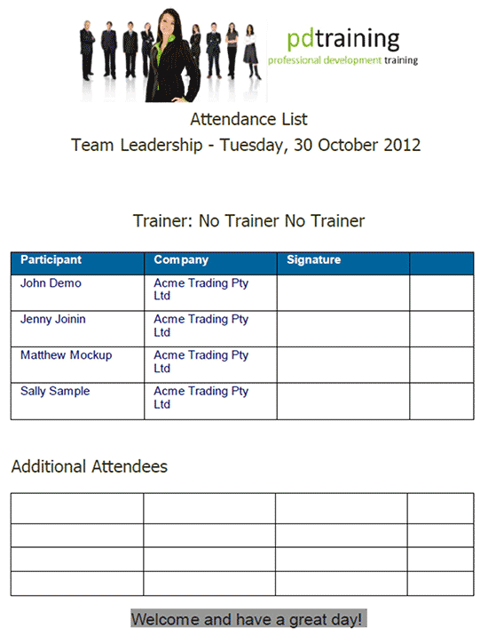 In-house sign in sheet