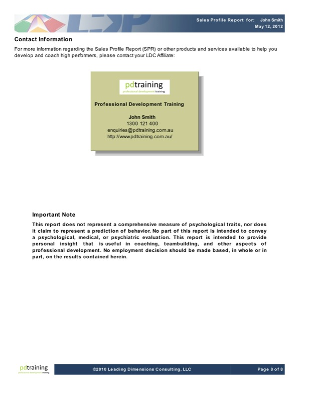 Sales Profile PD Training Contact Details